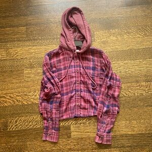 American eagle long sleeve plaid flannel hoodie, burgundy and navy, size XS
